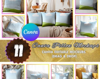 May include: A collection of eleven pillow mockups with a landscape design featuring a blue sky, white cloud, and green hills. The text "Canva Pillow Mockups" and "Canva Editable Mockups (Drag & Drop)" are displayed.