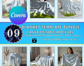 9 Canva Blanket Mockup Bundle, Printify Blanket Mockup, Editable Blanket Templates, Velveteen Plush Blanket, Drag and Drop Canva Mockups