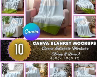 10 Canva Blanket Mockups, Drag and Drop Throw Blanket Mockup Bundle, Editable Fleece & Plush Blanket Mockups, Printify Ready, DIY