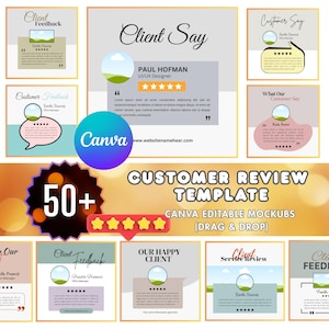 Puede incluir: Una plantilla de revisión de clientes con un fondo naranja claro y blanco. El diseño incluye múltiples maquetas de comentarios de clientes, un logotipo de Canva y el texto "50+" con una calificación por estrellas. La plantilla está diseñada para arrastrar y soltar.