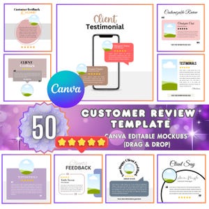 Könnte beinhalten: Eine Vorlage für Kundenbewertungen mit editierbaren Mockups. Das Design umfasst ein Smartphone mit Testimonials, Sternebewertungen und dem Canva-Logo. Die Vorlage bietet 50 anpassbare Designs für Online-Shops.