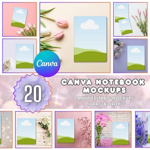 May include: A collection of Canva notebook mockups with a sky and landscape design. The image includes multiple notebooks, floral arrangements, and the Canva logo. Text on the image reads "CANVA NOTEBOOK MOCKUPS" and "CANVA EDITABLE MOCKUPS (DRAG & DROP)".