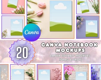 20 Canva Notebook Mockups Bundle, Editable Journal & Book Cover Mockups, Journal Mockup, Drag and Drop Canva Templates, Digital Download