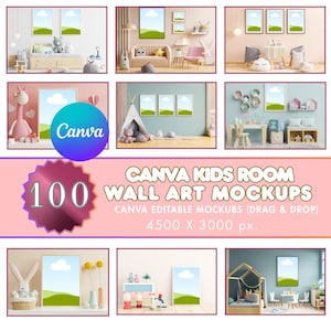 Op de afbeelding: Een verzameling van negen mockups voor wandkunst in kinderkamers, elk met ingelijste kunstwerken met een landschapsontwerp. De afbeelding bevat het Canva-logo en de tekst: "CANVA KIDS ROOM WALL ART MOCKUPS".