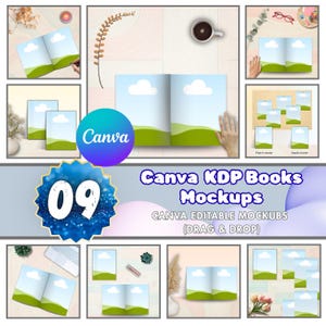 May include: A collection of Canva KDP book mockups. The image features various open and closed books with a blue sky and green landscape design. The text "Canva KDP Books Mockups" is displayed prominently.