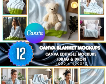 12 Blanket Mockup Bundle for Canva, Cozy Editable Templates, Drag & Drop Blanket Mockups for POD and Print on Demand, Printify Mockup, DIY