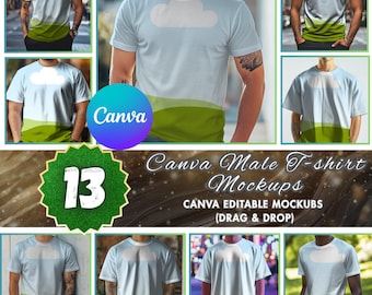 13 Canva Men T-Shirt Mockups Bundle, Realistic Men Tee Mockups, Drag & Drop Apparel Mockups, Editable Canva Templates, Digital Download