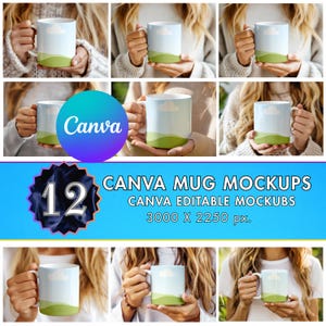以下が含まれることがあります： 12個のCanvaマグカップモックアップのコレクション。マグカップは、青い空と雲のデザインと、下部に緑の風景がある白い背景を持っています。「Canva Mug Mockups」というテキストが表示されます。