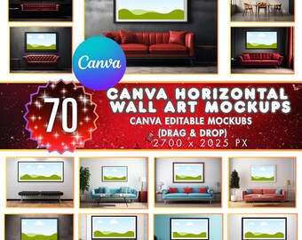 Pacchetto di 70 mockup di quadri orizzontali Canva, mockup di cornici per soggiorno modificabili, arredamento moderno per la casa, modelli drag & drop, download digitale