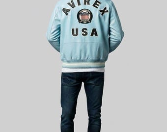 Chaqueta de cuero Avirex azul cielo – Estilo icónico de Avirex USA, hecha a mano