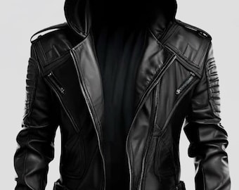 May include: Black leather jacket with a hood. The jacket features a zip-up front, multiple pockets, and ribbed cuffs. The shoulders have decorative stitching and the jacket has a tailored fit. The jacket is designed for a sleek, modern look.