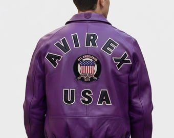 アヴィレックスUSAパープルレザーボンバージャケット – 本物の牛革、象徴的なストリートウェアスタイル