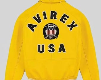 Yellow Avirex Leather Bomber Jacket for Men – Classic Aviator Look