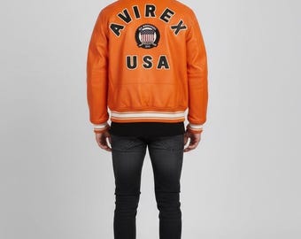 Orange Avirex USA Leather Bomber – Men’s Military Look Jacket