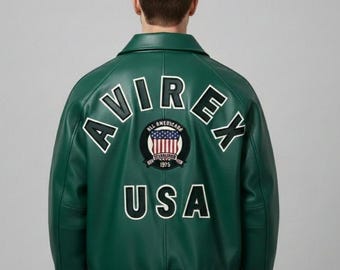Grüne Avirex Varsity Lederjacke – Klassische Herrenjacke mit Aufnäher