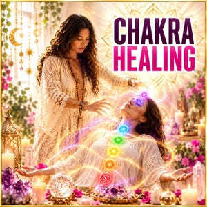May include: A digital graphic featuring the text CHAKRA HEALING with two individuals in white lace clothing. One person stands while the other reclines, surrounded by glowing energy symbols representing seven chakras, crystals, and lit candles.