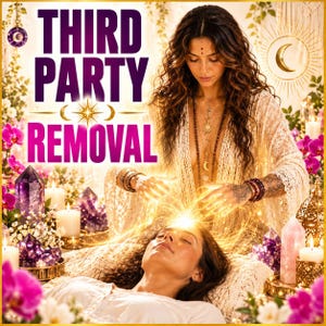May include: A digital graphic featuring the text THIRD PARTY REMOVAL in bold purple letters. The image depicts a person in a white lace garment performing an energy healing session on another person, surrounded by purple crystals and pink orchids.