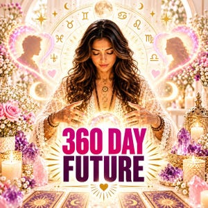 Könnte beinhalten: Eine Person mit langem, welligem Haar in einem weißen Spitzenoberteil hinter einer leuchtenden Kristallkugel. Der Text 360 DAY FUTURE ist mittig in fetten rosa und violetten Buchstaben platziert. Der Hintergrund zeigt einen Tierkreis, Blumen und Kerzen.
