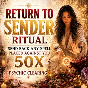 May include: A digital graphic featuring the text RETURN TO SENDER RITUAL, SEND BACK ANY SPELL PLACED AGAINST YOU 50X, and PSYCHIC CLEARING. The image displays a person in a white lace garment surrounded by candles, crystals, and a ritual mat.