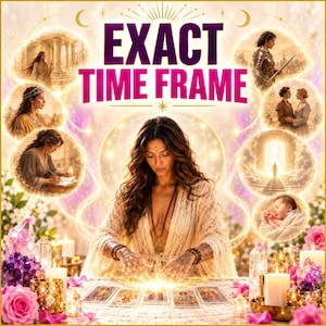 May include: A digital illustration featuring the text EXACT TIME FRAME in bold magenta letters. A person with long wavy hair wears a cream lace robe and sits at a table with five tarot cards, surrounded by glowing circular vignettes of historical scenes.