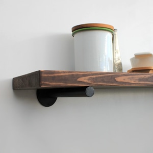 Floating Shelf with Cylindrical Metal Brackets, Chocolate Solid Pine Wood Wall Shelf