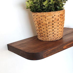 May include: A dark brown wooden floating shelf with rounded edges, mounted on a white wall. A woven basket planter filled with greenery sits on the shelf, creating a simple, natural display.