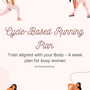 Puede incluir: Gráfico rosa claro con el texto "Cycle-Based Running Plan". También está presente el texto "Train aligned with your Body - 4 week plan for busy women". El gráfico incluye ilustraciones de mujeres con ropa de entrenamiento.