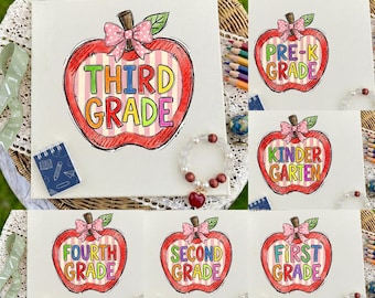 Terug naar school appel png-bundel, pre K tot 5e leerjaar, eerste schooldag, preppy handgetekende coquette leraar shirt png, digitale download