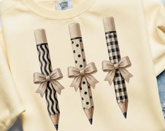Brushstroke Pencil Bow PNG, Preppy Teacher Shirt PNG, Teacher Coquette Bow, Pencil Bow Clipart, Teacher Shirt Design, Back to School PNG