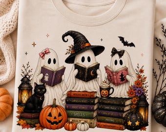 Halloween Book Club PNG, Reading Ghosts PNG, Black Cat Book Lover PNG, Spooky Reader Shirt, Halloween Sublimation, Digital Download