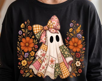Wildflowers Ghost PNG, Patchwork Floral Ghost PNG,Retro Checkered Boho Fall Shirt Design,Preppy Halloween Sublimation,Trendy Cottagecore PNG