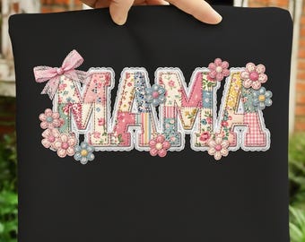 Faux patchwork Floral Mama png, retro bloemen mama shirtontwerp, vintage gewatteerde mama-letters, coquette bow mom graphic, Moederdag, Moederdag png