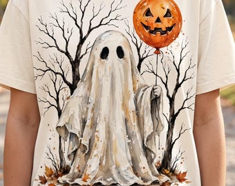 Pumpkin Balloon Ghost PNG, Cute Halloween Ghost Shirt Design, Girly Spooky PNG, Retro Fall Ghost Sublimation, Autumn Digital Download