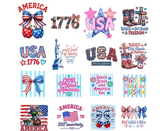 Retro 250e verjaardag VS png-bundel, 4 juli faux patchwork VS png, Amerikaanse vlag png, VS png, patriottische coquette, digitale download
