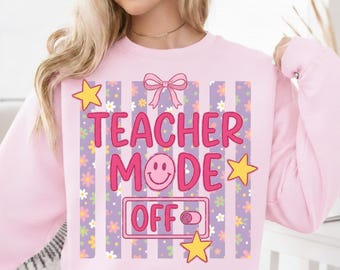 Docentenmodus uit png, gestreepte bloemen laatste schooldag png, klas afgewezen sublimatieontwerp, leraar zomershirtontwerp, school uit, school png
