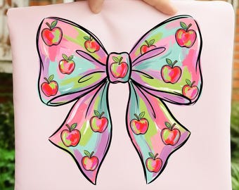 Apple Bow PNG, coquette Teacher Apple Bow PNG, penseelstreek geschilderde appel clipart, leraar shirt png, terug naar school png, digitale download