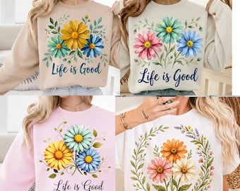 Life Is Good PNG-bundel, positief citaat met retro bloemen, preppy zomerbloemshirtontwerp, boho-esthetiek bloemen png, inspirerende sublimatie