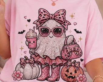 Cute Rhinestone Glam Ghost PNG, Coquette Halloween PNG, Pink Bow Ghost Sublimation, Bling Pumpkin Coffee PNG, Girly Spooky Shirt Design