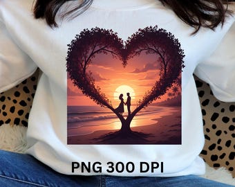 Romantische strandzonsondergang png, paar silhouet png, hart boom ontwerp, kust liefde kunst, sublimatie en kunst aan de muur, instant digitale download