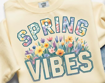 Spring Vibes PNG, Floral Varsity Spring Sublimation Design, T-shirtontwerp voor Pasen, Spring Flower Png, Preppy Spring Graphic, DTG