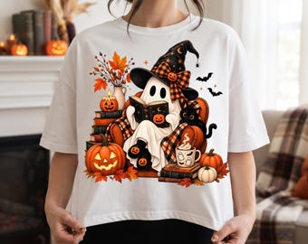 Halloween Book Club PNG, Reading Ghost PNG, Book Lover Halloween Clipart, Black Cat Ghost PNG, Cozy Fall Shirt, Vintage Girly Spooky Png