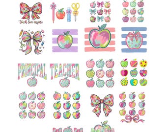 Preppy Apple PNG-bundel, gestreepte appel voor de leraar PNG, appelclipart met penseelstreken, leraarshirt PNG, kleurrijke schoolappel, terug naar school