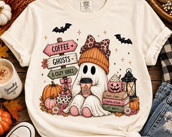 Pink Leopard Bow Ghost PNG, Preppy Halloween Ghost PNG, Ghost Coffee PNG, Halloween Shirt Design, Pumpkin Png, Autumn Shirt Digital Download