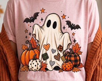 Patchwork Halloween Ghost PNG, Leopard Checkered Fall PNG Design, Pumpkin Ghost PNG, Retro Halloween Shirt Png, Girly Spooky Png