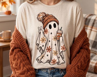 Cute Boho Floral Ghost PNG, Pumpkin Spice Ghost PNG, Preppy Fall Shirt Design, Girly Halloween PNG, Retro Spooky Autumn Sublimation