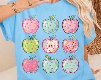 Polka Dot Teacher Apple PNG, Preppy Apple PNG, Brushstroke Painted Apple Clipart, Teacher Shirt Png, Colorful School Apple, Back to School