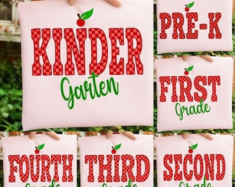 Terug naar school png-bundel, kleuterschool tot 5e leerjaar, geruite appel png, leraarsshirt png, eerste schooldag, digitale download