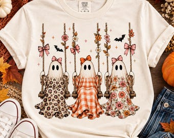 Girly Trio Swing Ghost PNG, Leopard Gingham Floral Ghost, Preppy Halloween Graphic, Cute Fall Shirt Design, Spooky Halloween Sublimation