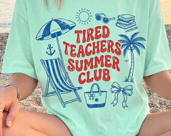 Vermoeide leraren zomerclub png, vermoeide lerarenclub png, leraar zomershirtontwerp, grappige leraar png, retro strandvakantie, digitale download