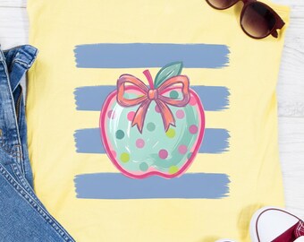Preppy appel PNG, appel voor de leraar PNG, appel clipart met penseelstreken, gestreepte kokette appel PNG, kleurrijke schoolappel, terug naar school PNG